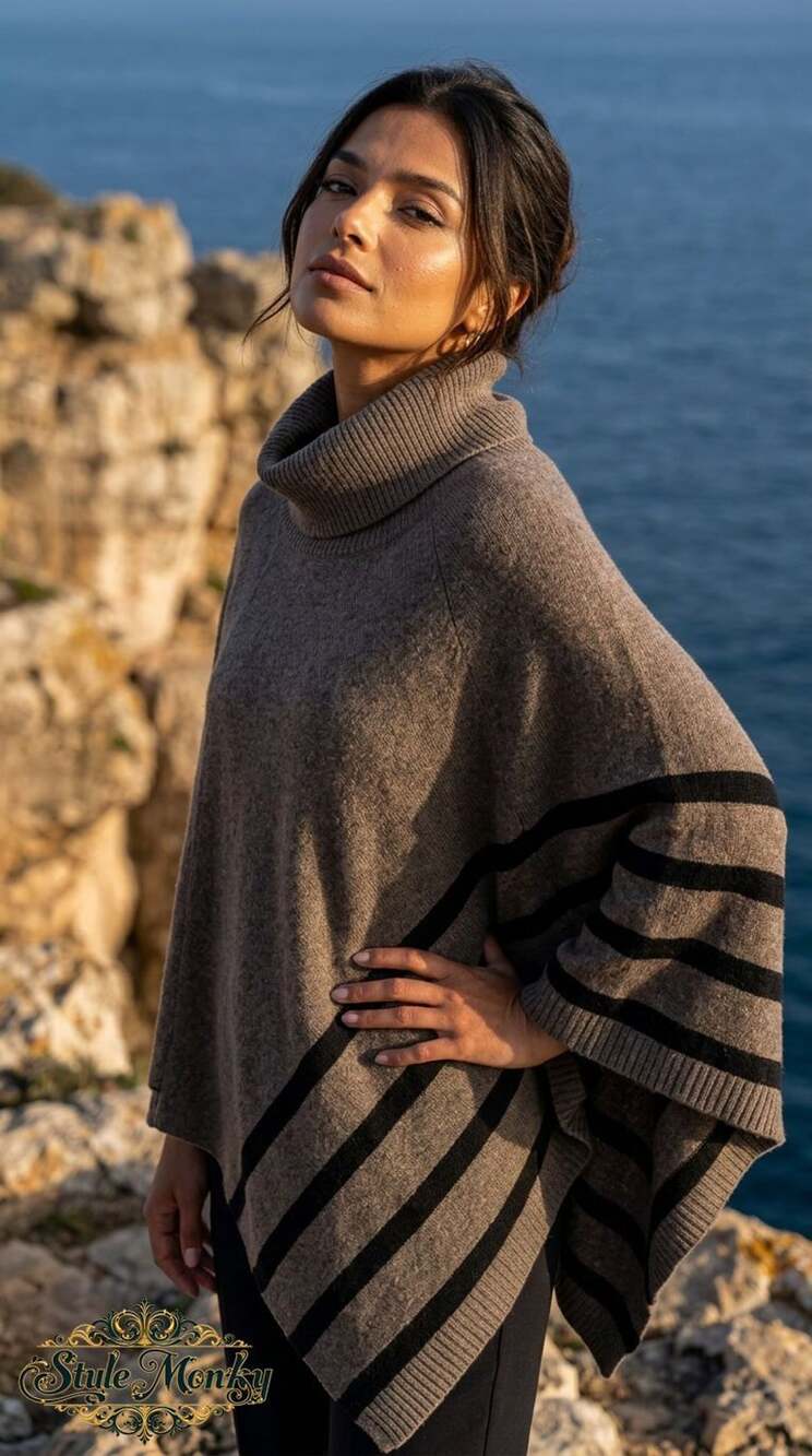 Eileen Fisher Poncho O/S Striped Turtleneck Wool Blend